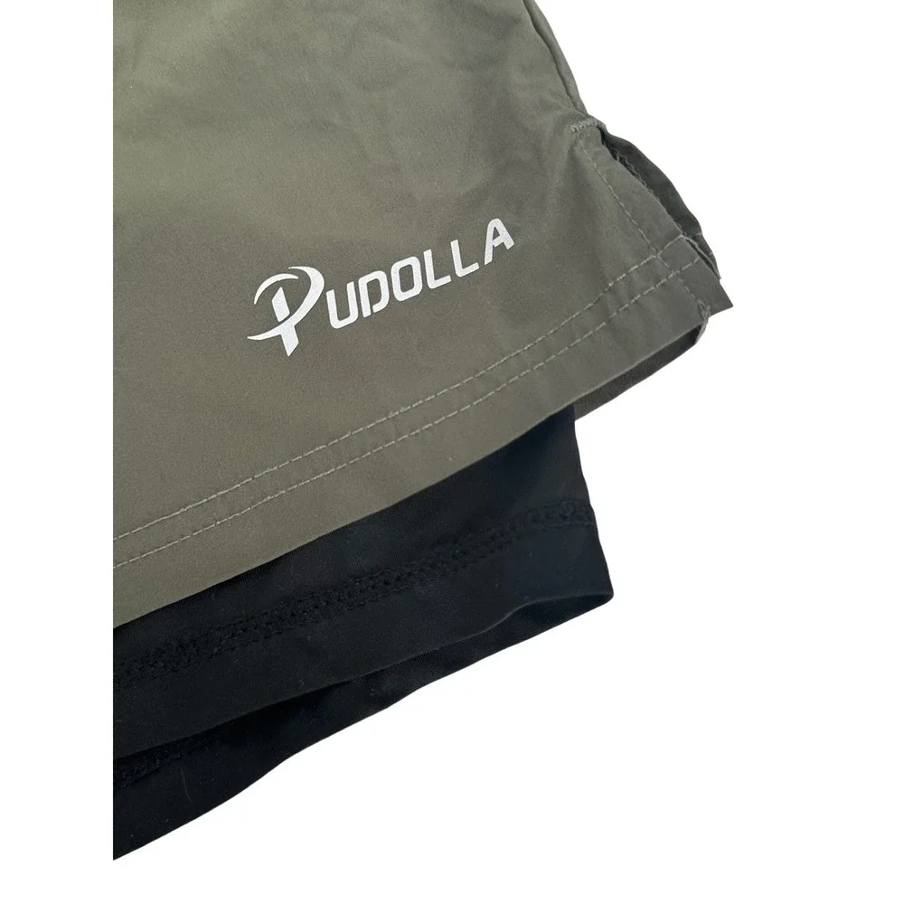 Pudolla Men's 2 in 1 Running Shorts Green Lined Athletic Gym‎ Workout Large